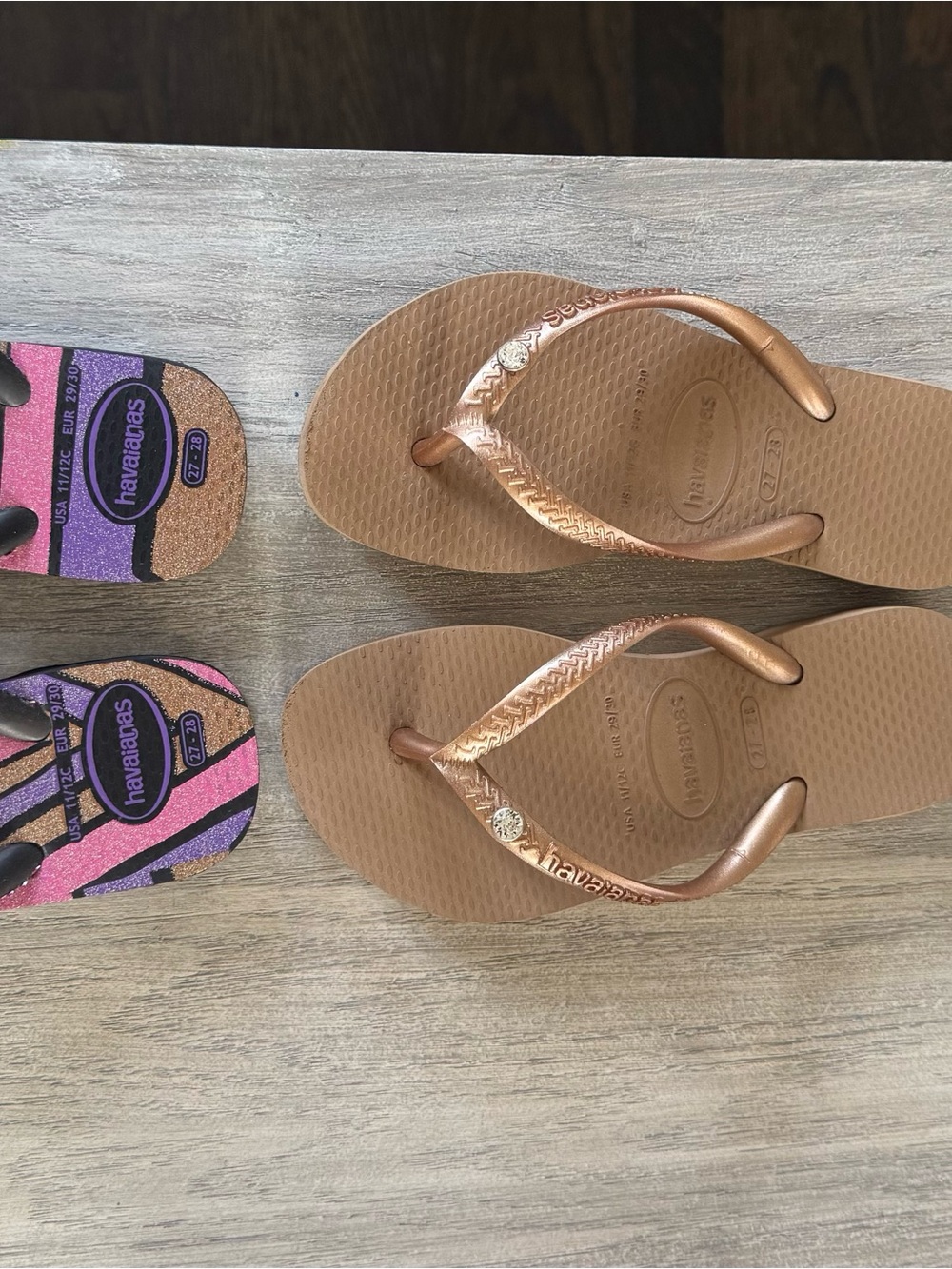 Havaianas Kids 3 pair bundle Metallic Bronze, pink, black/purple/ pink Flip Flop